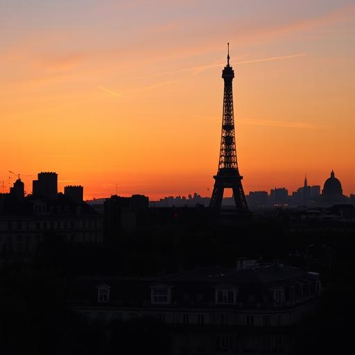 Paris skyline with Eiffel Tower at sunset