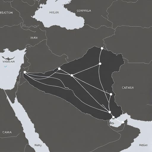 A neutral map-style graphic showing Iran and surrounding regions with major trade routes and data cables
