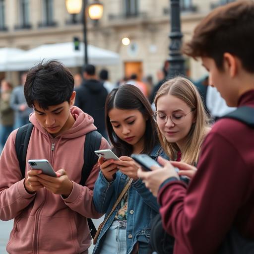 Youth using smartphones at a public square