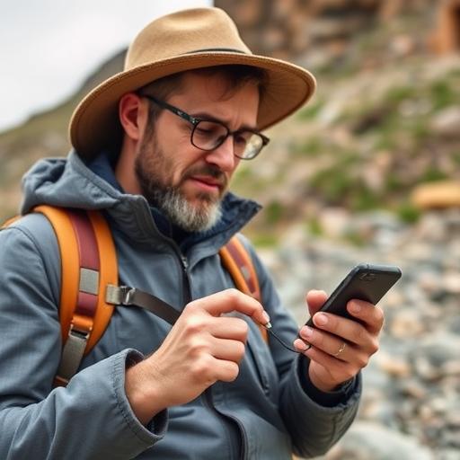 Traveler comparing charger specs on a phone