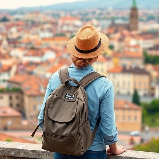 Traveler with small backpack overlooking a European city