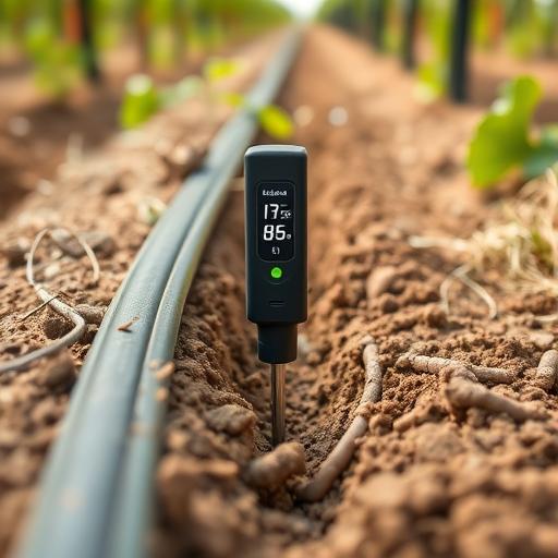 Close-up of soil moisture probe inserted beside drip line in a vineyard