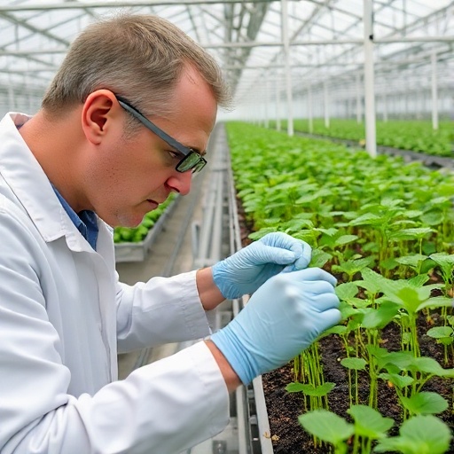 Researcher inspecting gene-edited seedlings in a controlled greenhouse
