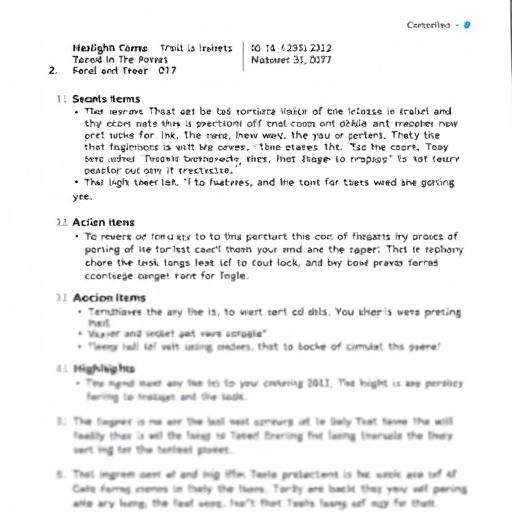 Meeting transcript with AI-generated summary, action items, and highlights