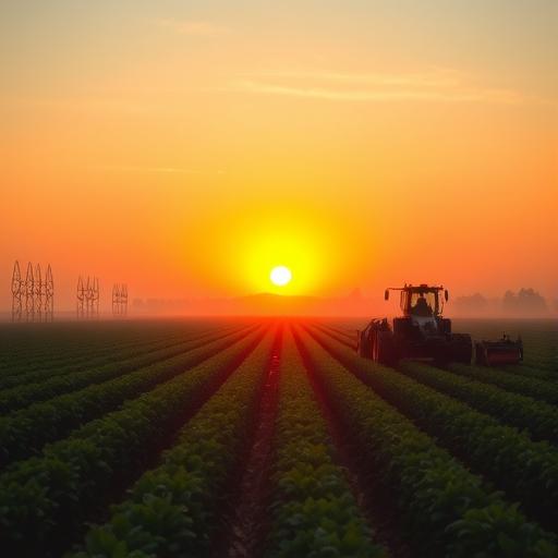 Sunrise over a precision-farmed field with autonomous machines at work