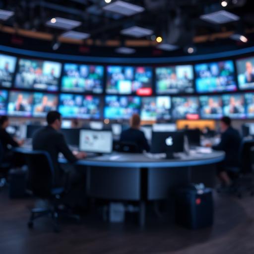Newsroom with blurred TV screens and headline tickers