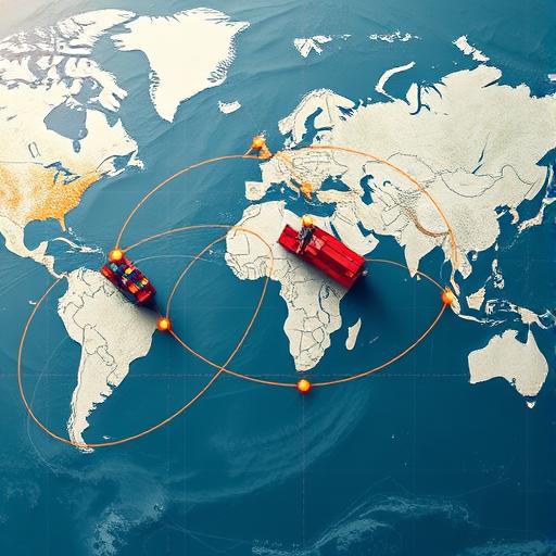 Container ships rerouting around a danger zone on a world map