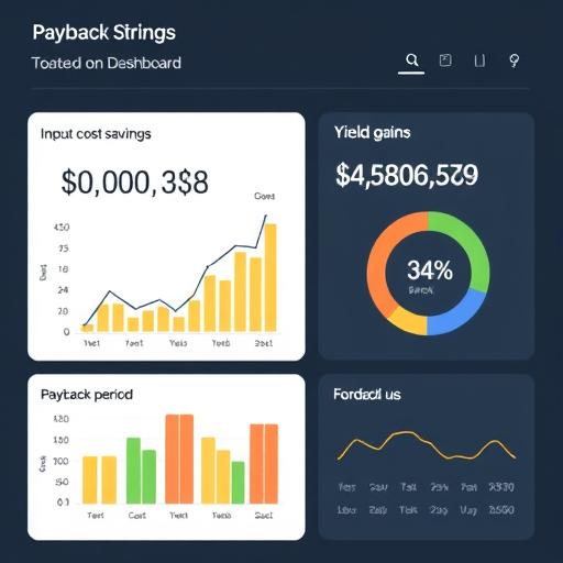 Financial dashboard showing input cost savings, yield gains, and payback period