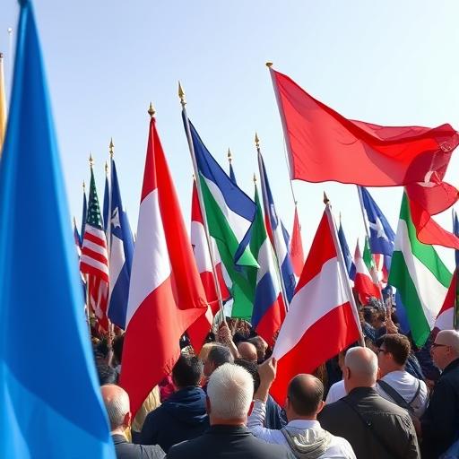 Political rally with flags in multiple colors