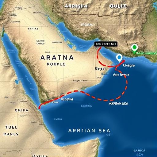 Map of Arabian Sea and Gulf shipping lanes with security icons
