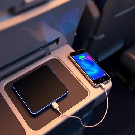 Power bank charging a phone on an airplane tray