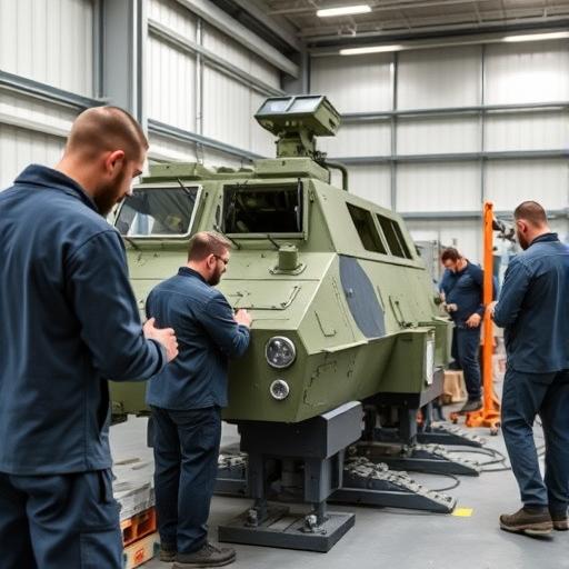 Engineers and technicians working on defence equipment in a workshop