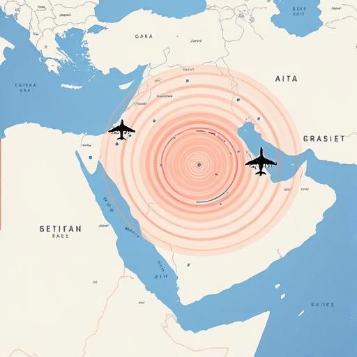 Stylized map of the Gulf region with air defense coverage arcs