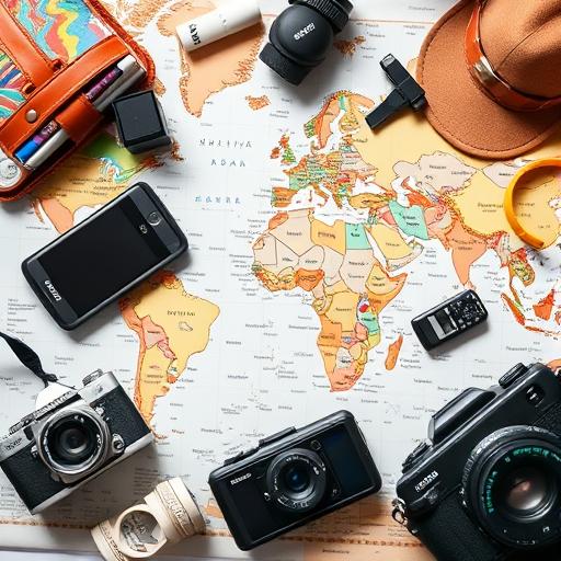 Flat lay of travel gadgets on a map