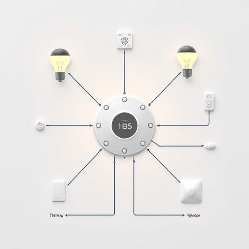 diagram of hub at center with connections to lights, thermostat, and sensors