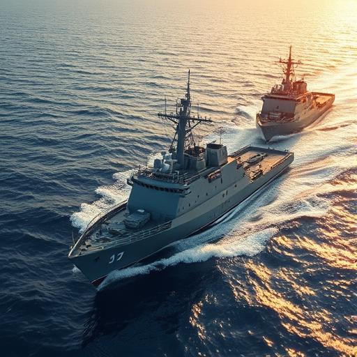 Naval patrol craft and maritime surveillance imagery backdrop