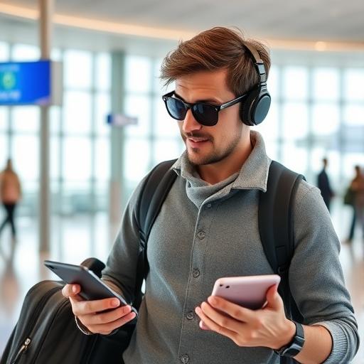 Traveler using gadgets while navigating an airport