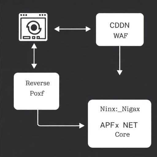 Diagram showing request flow from browser to CDN/WAF to reverse proxy (Nginx/IIS) to ASP.NET Core app