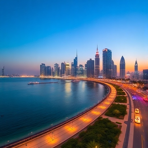Doha skyline at dusk with Corniche waterfront