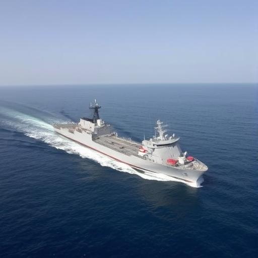 Naval patrol ship shadowing a commercial vessel in the southern Red Sea