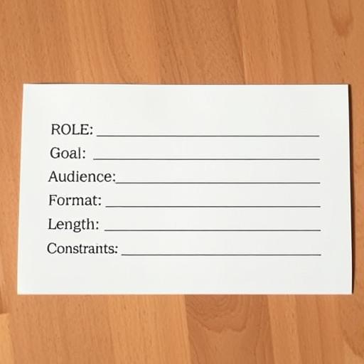 Prompt template card with fields for role, goal, audience, format, length, constraints