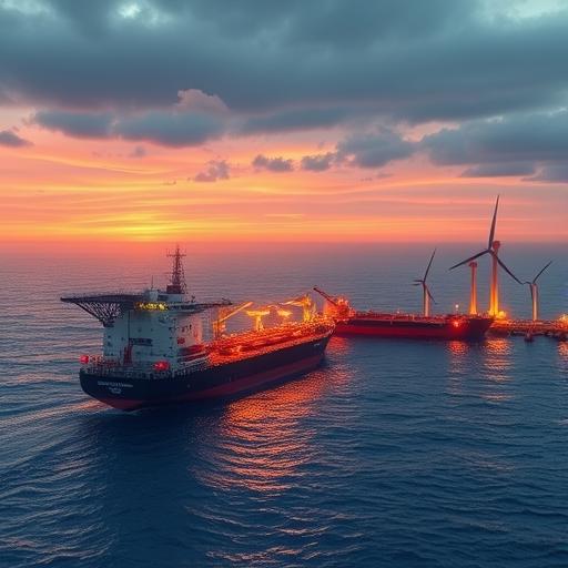 oil rigs, LNG terminals, and wind turbines indicating energy transition