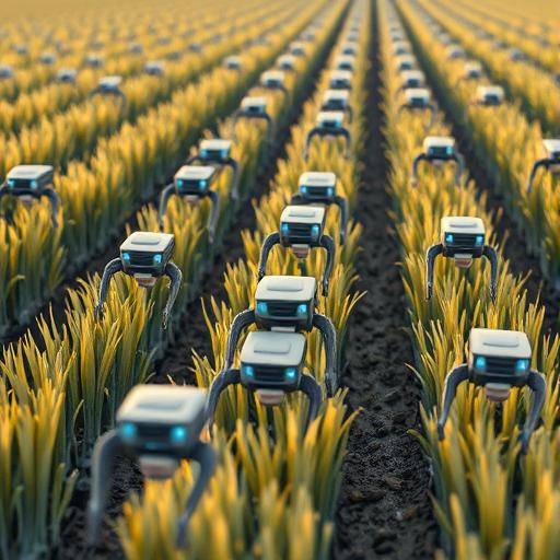 Concept illustration of a swarm of small field robots working among rows