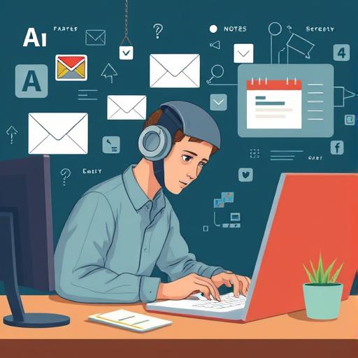 Closing illustration of a person working while AI handles email, notes, and scheduling in the background