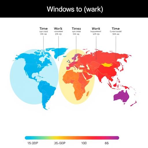 Time zone world map with overlapping work windows