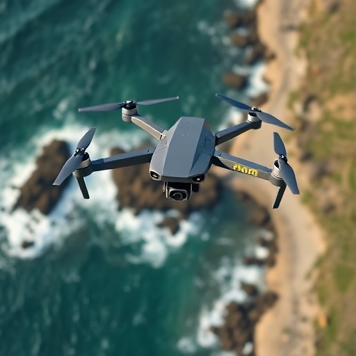 Foldable drone hovering over coastline