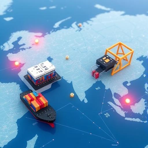 cargo ships, containers, and semiconductor icons overlaying regional map