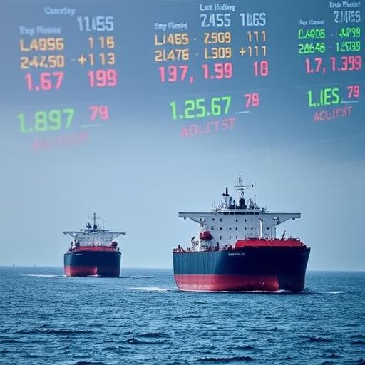 Oil tankers near a narrow strait, with price tickers in the background