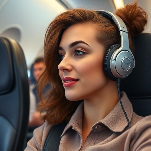 Traveler wearing noise-canceling headphones on a plane