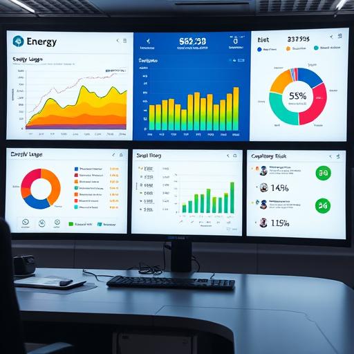 Corporate control room dashboard showing energy usage, supplier risk scores, and compliance alerts