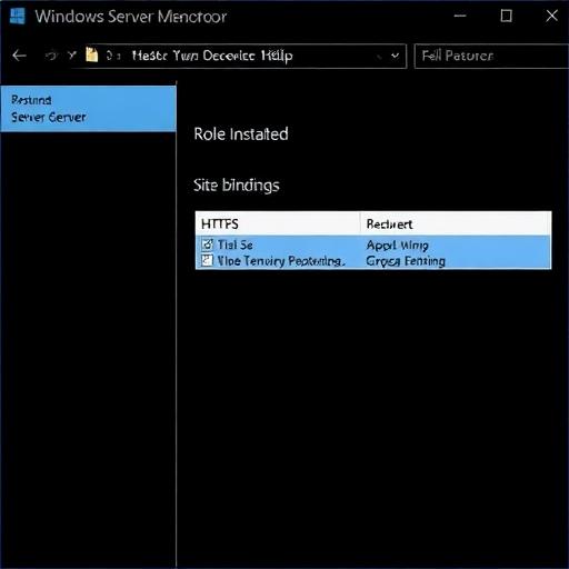 Windows Server Manager showing IIS role installed and site bindings for HTTPS