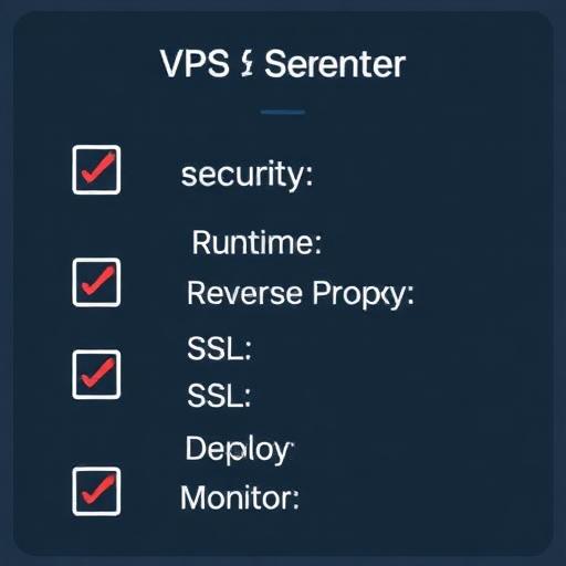 Checklist-style graphic showing VPS setup steps: security, runtime, reverse proxy, SSL, deploy, monitor