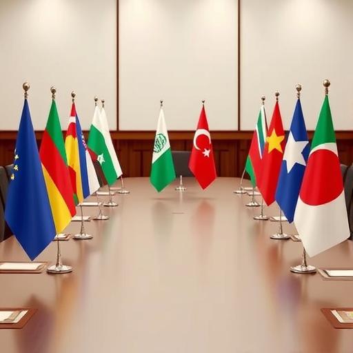 Conference table with flags symbolizing mediation efforts