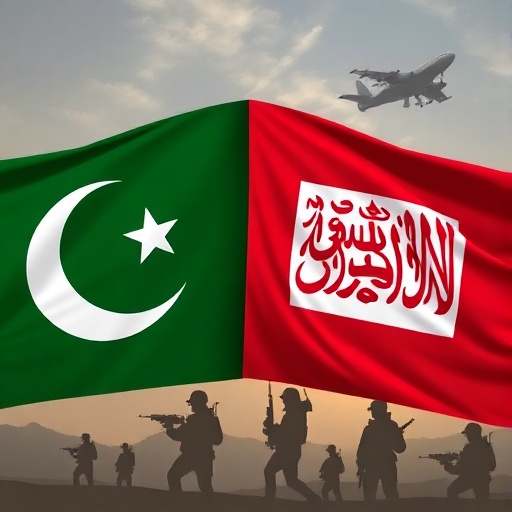 Flags of Pakistan and Saudi Arabia with military silhouettes in the background