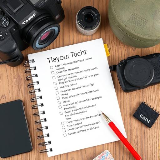 Checklist of travel tech items on a notebook