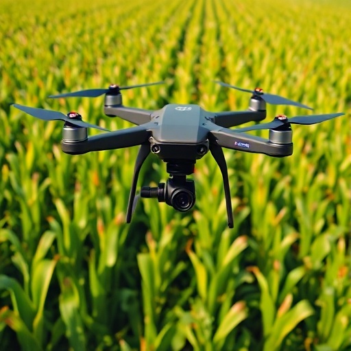 Multirotor drone capturing multispectral data over a corn field