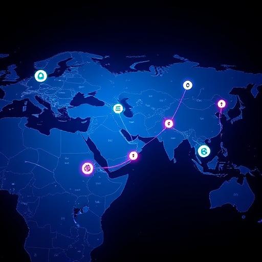 world map connecting the U.S. to the Middle East with trade and finance icons