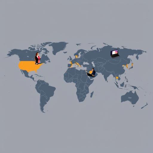 World map with remote professionals collaborating across time zones