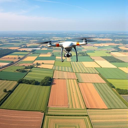 Aerial view of a mosaic of fields with drone flying overhead capturing crop imagery