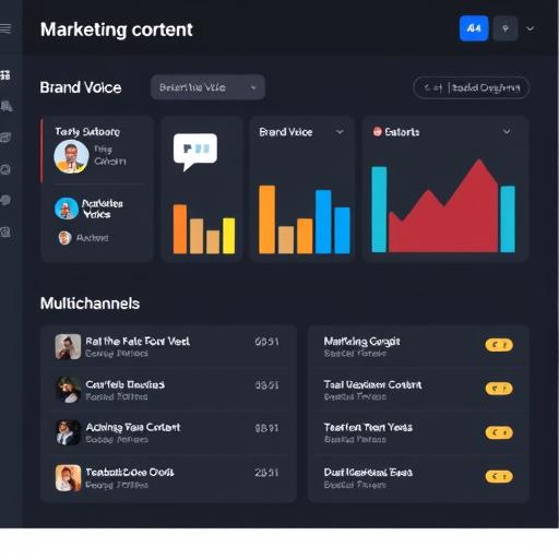 Marketing content dashboard showing brand voice selection and multichannel drafts