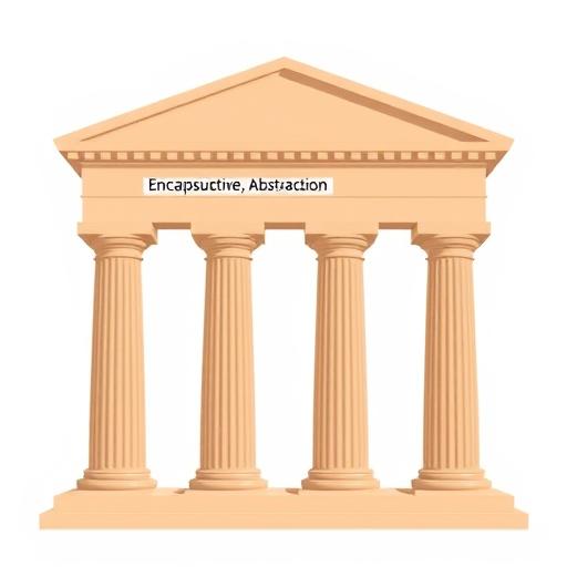 Four pillars labeled Encapsulation, Abstraction, Inheritance, Polymorphism
