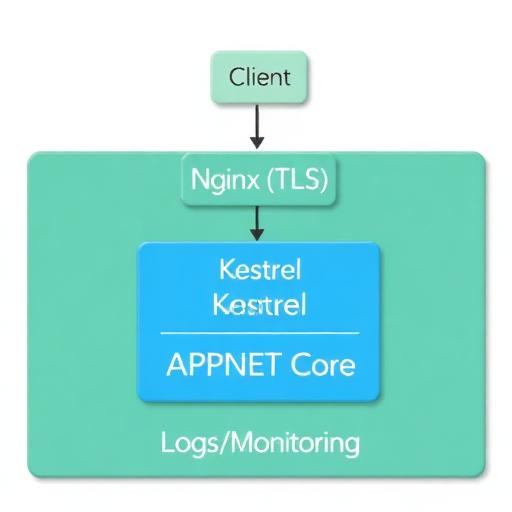 Architecture diagram: Client → Nginx (TLS) → Kestrel ASP.NET Core → Logs/Monitoring