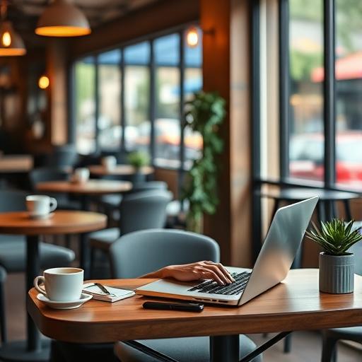 person working on a laptop at a coffee shop, freelancing setup