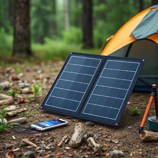 Foldable solar panel charging a power bank at a campsite