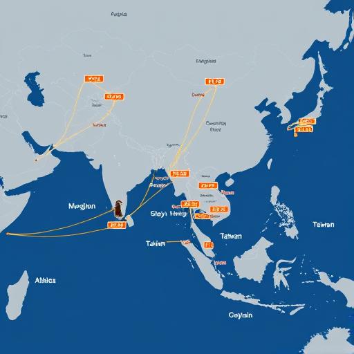 world map highlighting Taiwan and key chip trade lanes