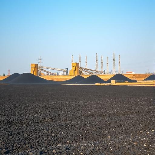 Thar lignite field with conveyors and power station backdrop